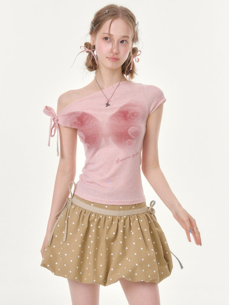 Butterfly Print Sling-Shoulder Lace-Up Slim Short-Sleeved T-Shirt【s0000016356】