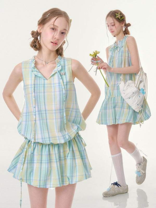Plaid Sleeveless Waist Drawstring Dress【s0000016357】
