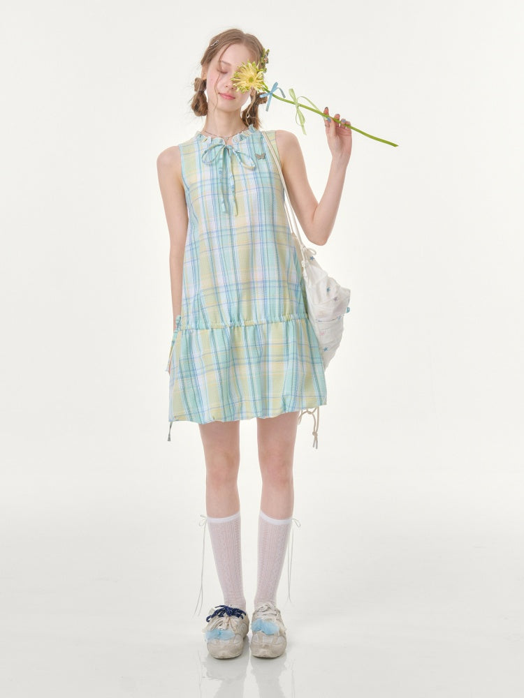 Plaid Sleeveless Waist Drawstring Dress【s0000016357】