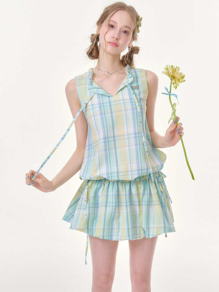 Plaid Sleeveless Waist Drawstring Dress【s0000016357】
