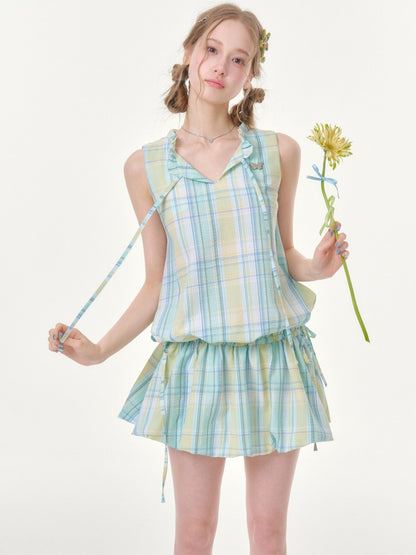 Plaid Sleeveless Waist Drawstring Dress【s0000016357】