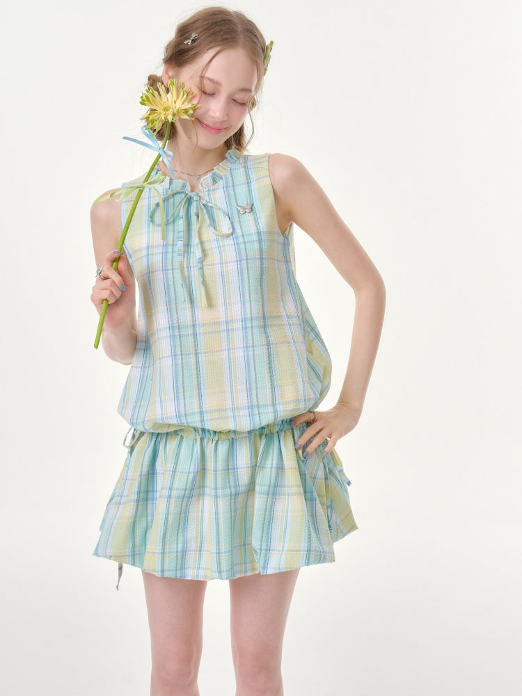 Plaid Sleeveless Waist Drawstring Dress【s0000016357】