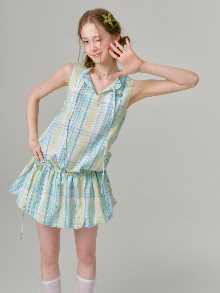 Plaid Sleeveless Waist Drawstring Dress【s0000016357】