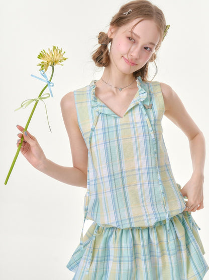Plaid Sleeveless Waist Drawstring Dress【s0000016357】