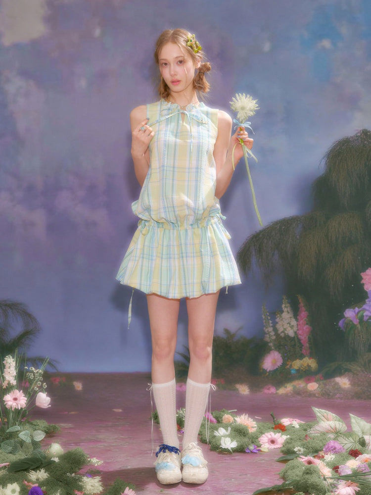Plaid Sleeveless Waist Drawstring Dress【s0000016357】