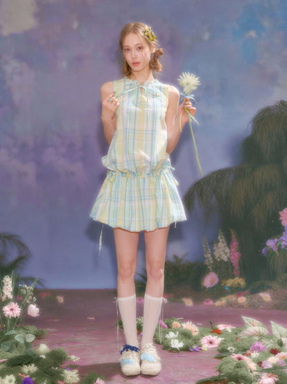 Plaid Sleeveless Waist Drawstring Dress【s0000016357】