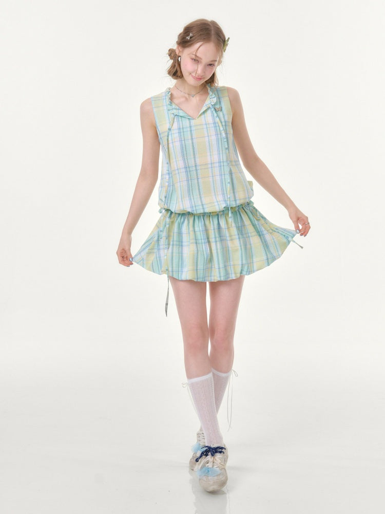 Plaid Sleeveless Waist Drawstring Dress【s0000016357】