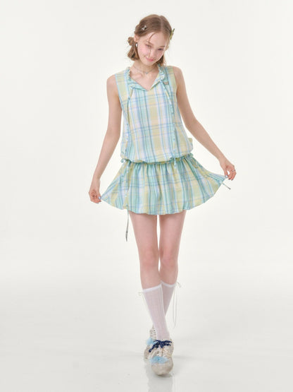Plaid Sleeveless Waist Drawstring Dress【s0000016357】