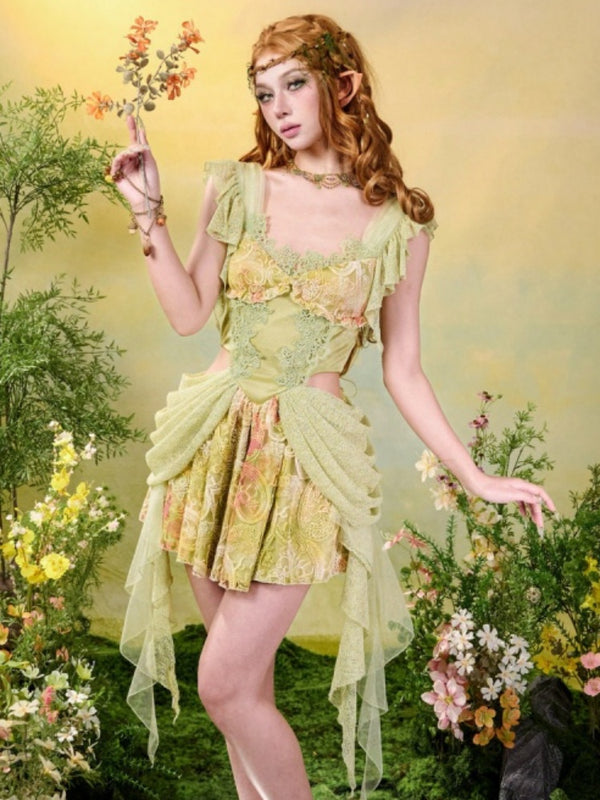 Forest Elf Style Lace Cut-Out Waist Dress【s0000016451】