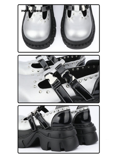 Subculture Studded Metallic Chunky Platform Mary Jane Shoes【s0000016458】