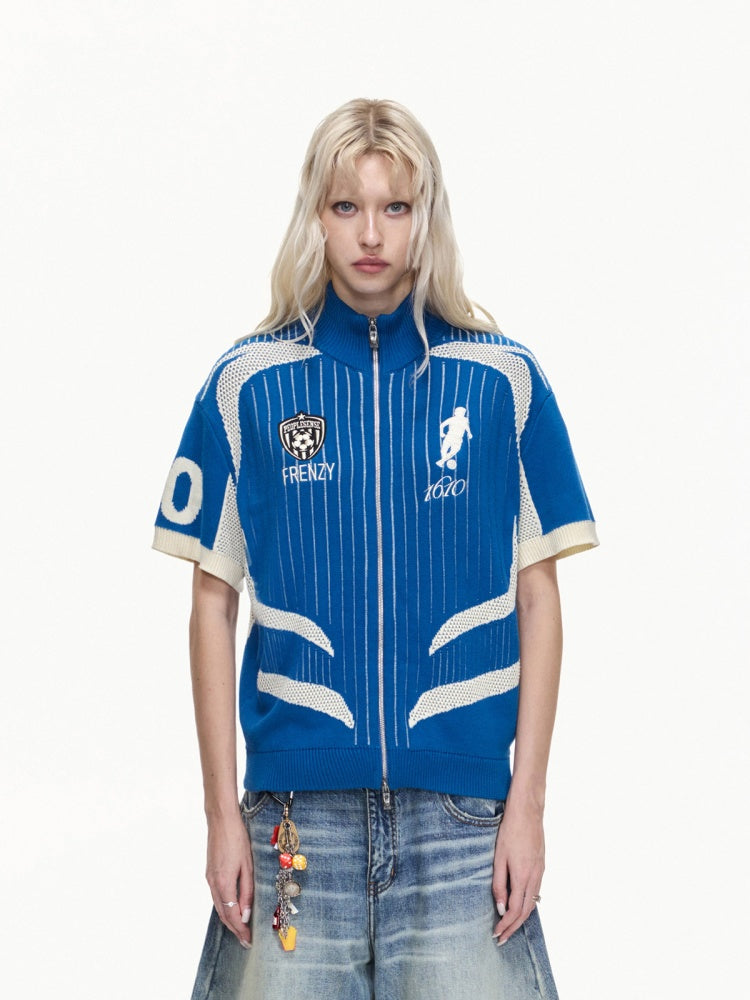 Retro Soccer Style Mesh Stand Collar Zipper Knit Polo Shirt【s0000016459】