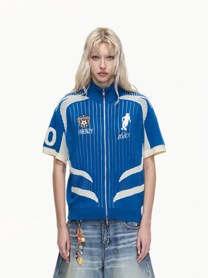 Retro Soccer Style Mesh Stand Collar Zipper Knit Polo Shirt【s0000016459】