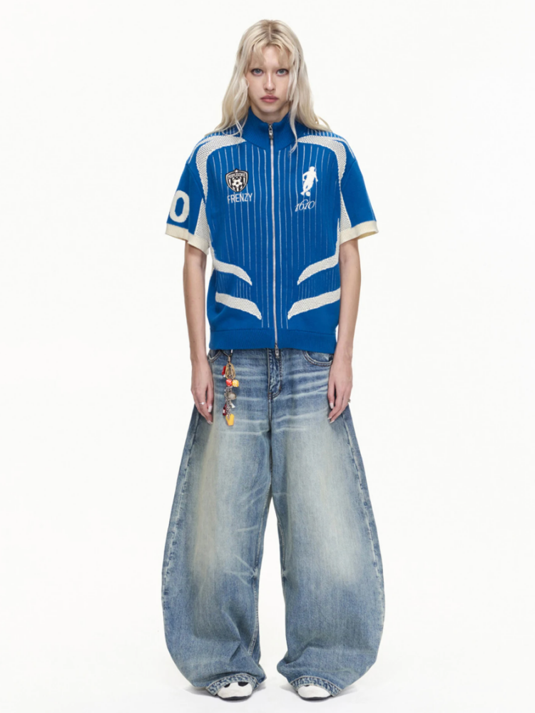 Retro Soccer Style Mesh Stand Collar Zipper Knit Polo Shirt【s0000016459】