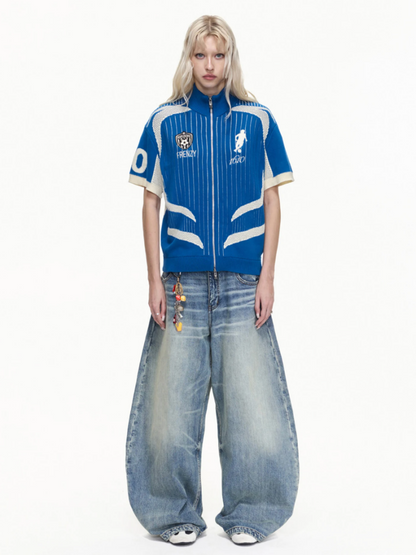 Retro Soccer Style Mesh Stand Collar Zipper Knit Polo Shirt【s0000016459】