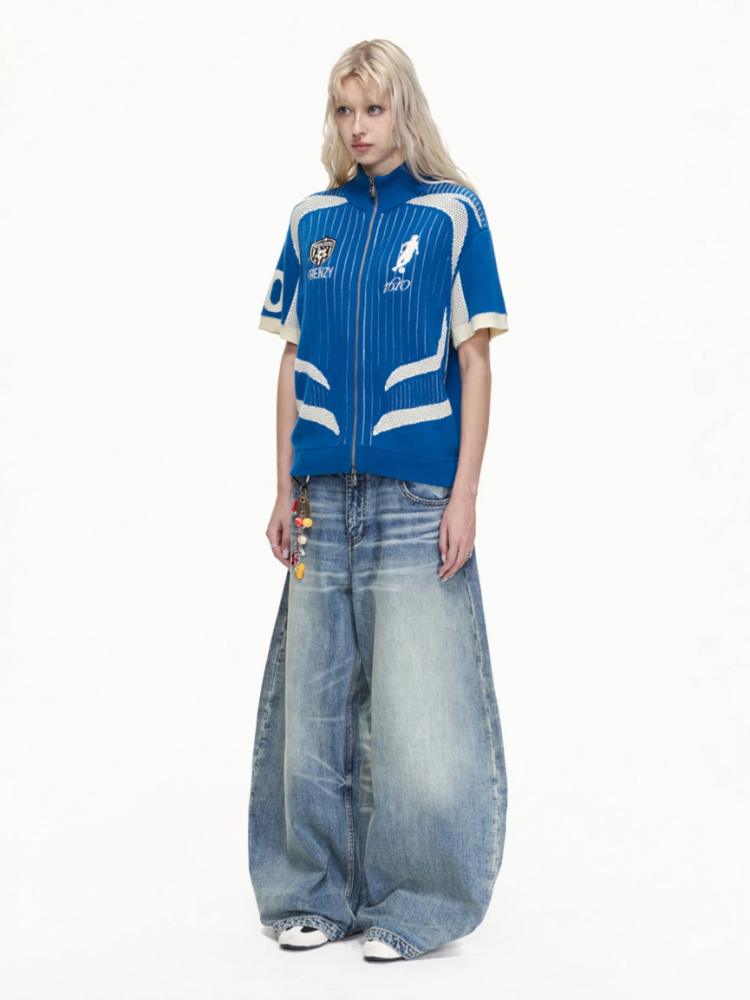 Retro Soccer Style Mesh Stand Collar Zipper Knit Polo Shirt【s0000016459】