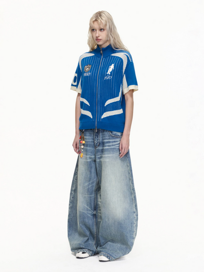 Retro Soccer Style Mesh Stand Collar Zipper Knit Polo Shirt【s0000016459】