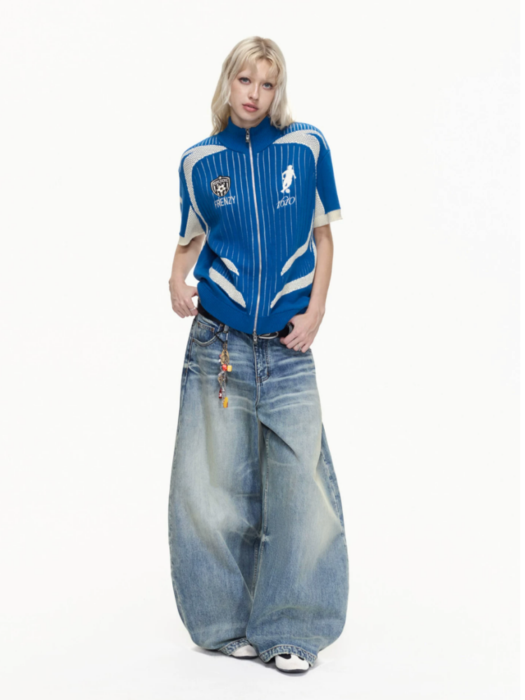 Retro Soccer Style Mesh Stand Collar Zipper Knit Polo Shirt【s0000016459】