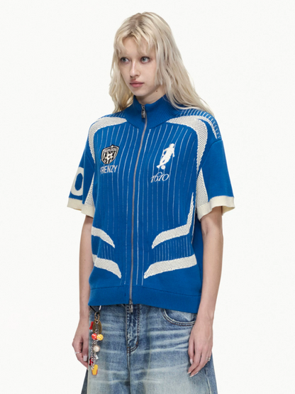 Retro Soccer Style Mesh Stand Collar Zipper Knit Polo Shirt【s0000016459】