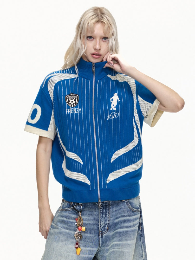 Retro Soccer Style Mesh Stand Collar Zipper Knit Polo Shirt【s0000016459】