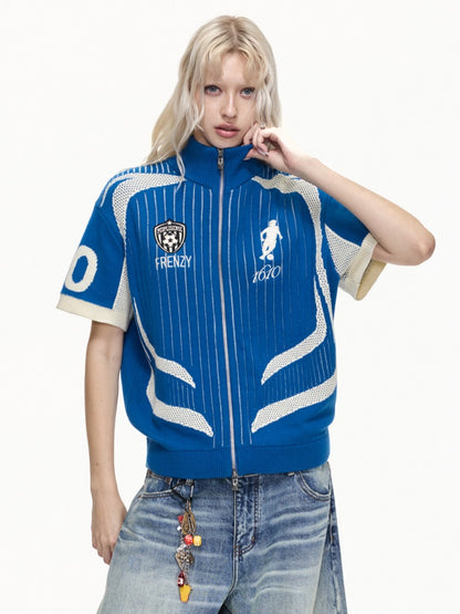 Retro Soccer Style Mesh Stand Collar Zipper Knit Polo Shirt【s0000016459】