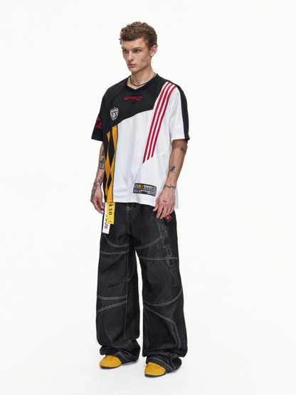 American Functional Style Color-Block Jersey Mesh Patch Embroidered Short-Sleeved T-Shirt【s0000016465】