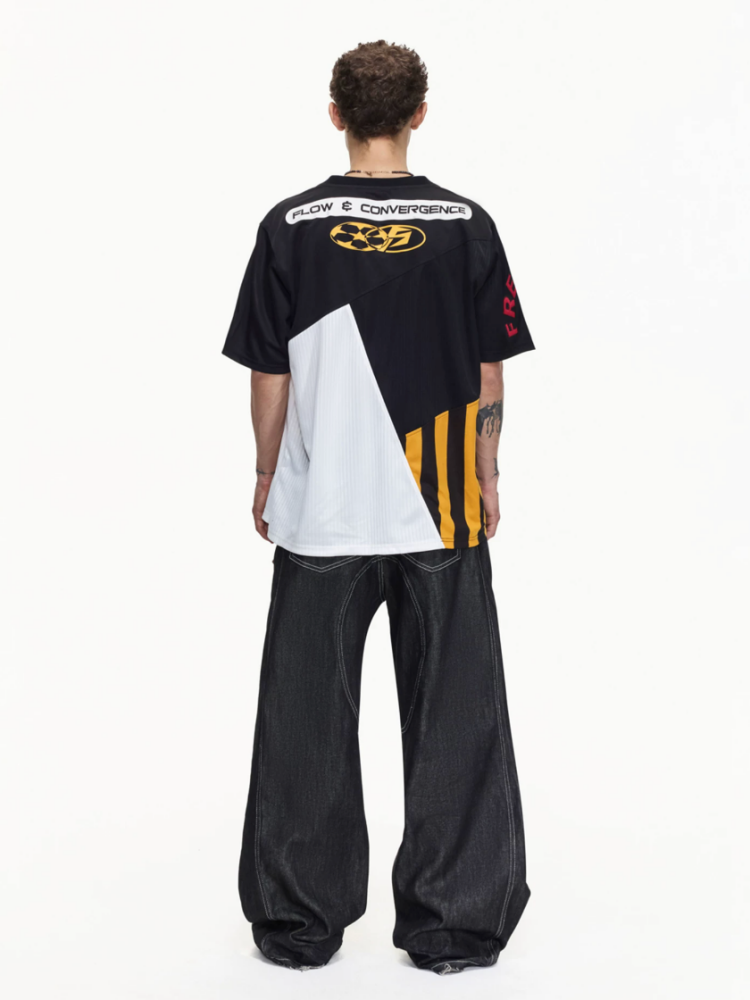 American Functional Style Color-Block Jersey Mesh Patch Embroidered Short-Sleeved T-Shirt【s0000016465】