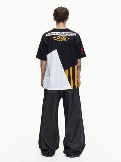 American Functional Style Color-Block Jersey Mesh Patch Embroidered Short-Sleeved T-Shirt【s0000016465】