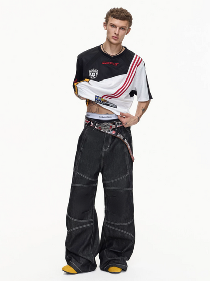 American Functional Style Color-Block Jersey Mesh Patch Embroidered Short-Sleeved T-Shirt【s0000016465】