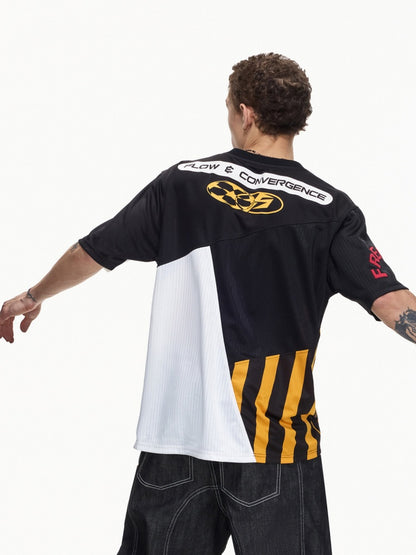 American Functional Style Color-Block Jersey Mesh Patch Embroidered Short-Sleeved T-Shirt【s0000016465】