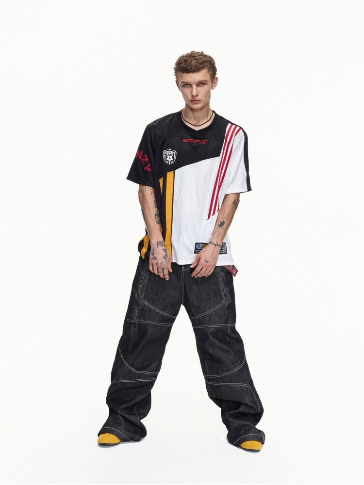 American Functional Style Color-Block Jersey Mesh Patch Embroidered Short-Sleeved T-Shirt【s0000016465】