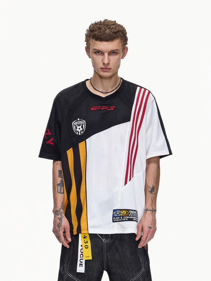 American Functional Style Color-Block Jersey Mesh Patch Embroidered Short-Sleeved T-Shirt【s0000016465】