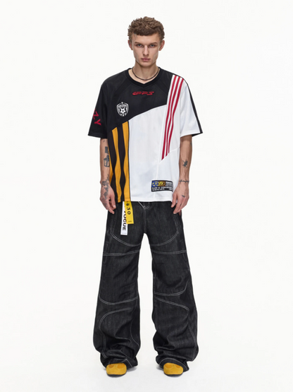 American Functional Style Color-Block Jersey Mesh Patch Embroidered Short-Sleeved T-Shirt【s0000016465】