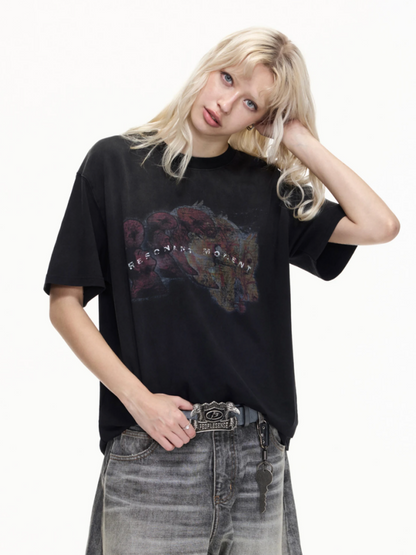 Vintage Style Distressed Finish Color Print Short Sleeve T-shirt【s0000016467】