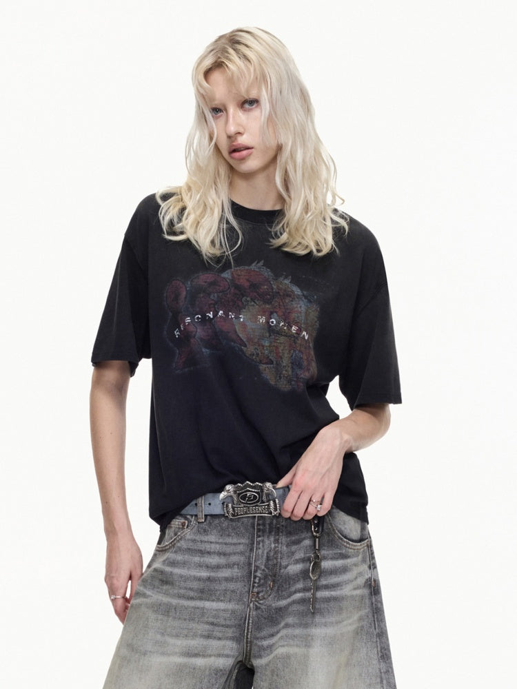 Vintage Style Distressed Finish Color Print Short Sleeve T-shirt【s0000016467】