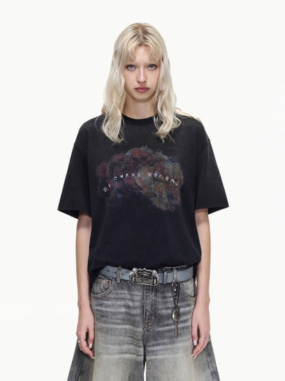 Vintage Style Distressed Finish Color Print Short Sleeve T-shirt【s0000016467】