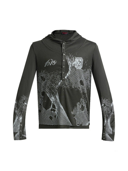 Deconstructed Reticulate Print Faux Layered Henry Collar Hoodie【s0000016472】