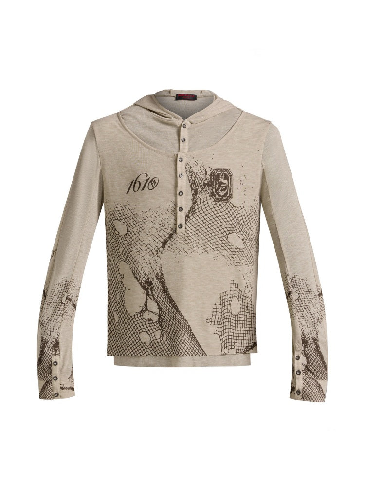 Deconstructed Reticulate Print Faux Layered Henry Collar Hoodie【s0000016472】