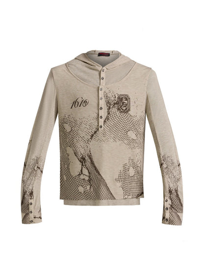 Deconstructed Reticulate Print Faux Layered Henry Collar Hoodie【s0000016472】