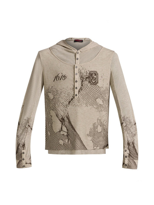 Deconstructed Reticulate Print Faux Layered Henry Collar Hoodie【s0000016472】