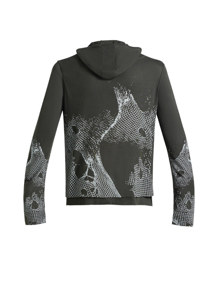 Deconstructed Reticulate Print Faux Layered Henry Collar Hoodie【s0000016472】
