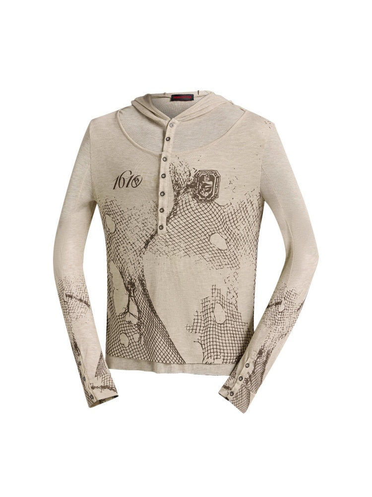 Deconstructed Reticulate Print Faux Layered Henry Collar Hoodie【s0000016472】