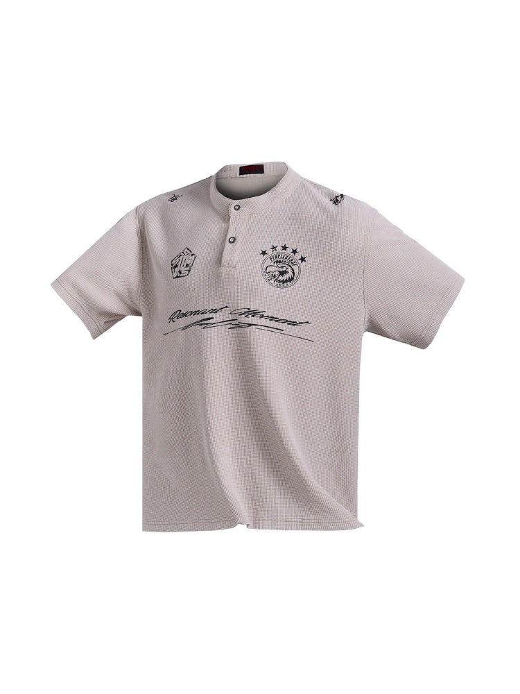Waffle Henry Collar Badge Distressed Loose Drop Shoulder Short Sleeve Polo Shirt【s0000016474】