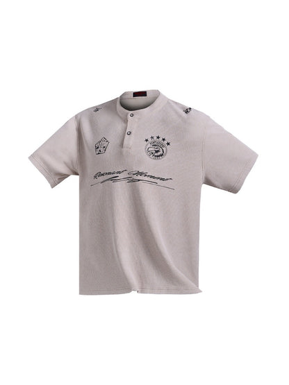 Waffle Henry Collar Badge Distressed Loose Drop Shoulder Short Sleeve Polo Shirt【s0000016474】