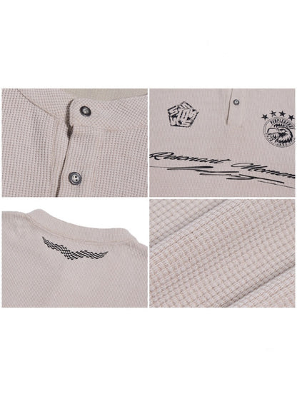 Waffle Henry Collar Badge Distressed Loose Drop Shoulder Short Sleeve Polo Shirt【s0000016474】