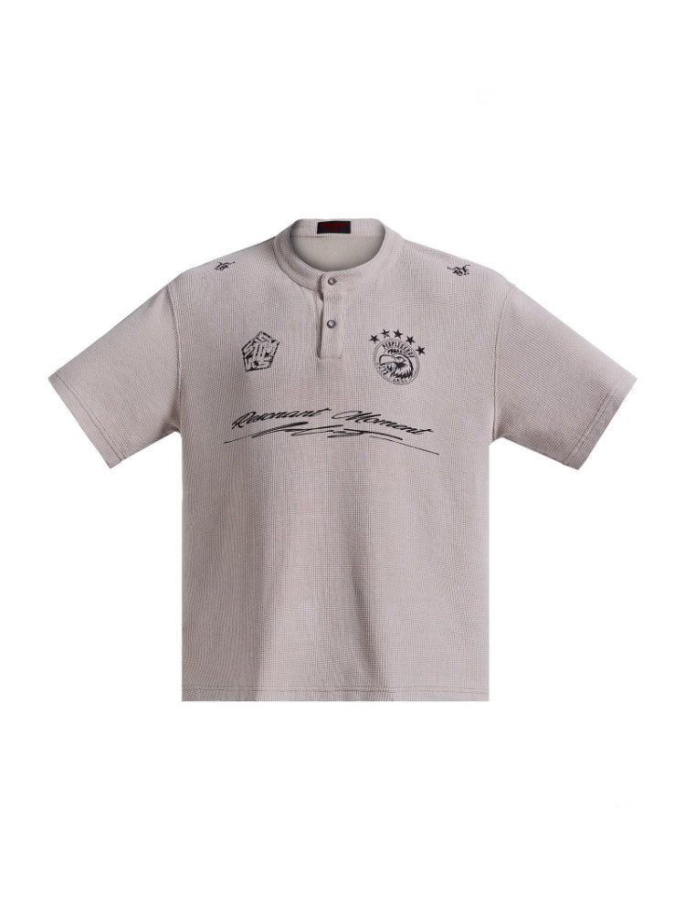Waffle Henry Collar Badge Distressed Loose Drop Shoulder Short Sleeve Polo Shirt【s0000016474】