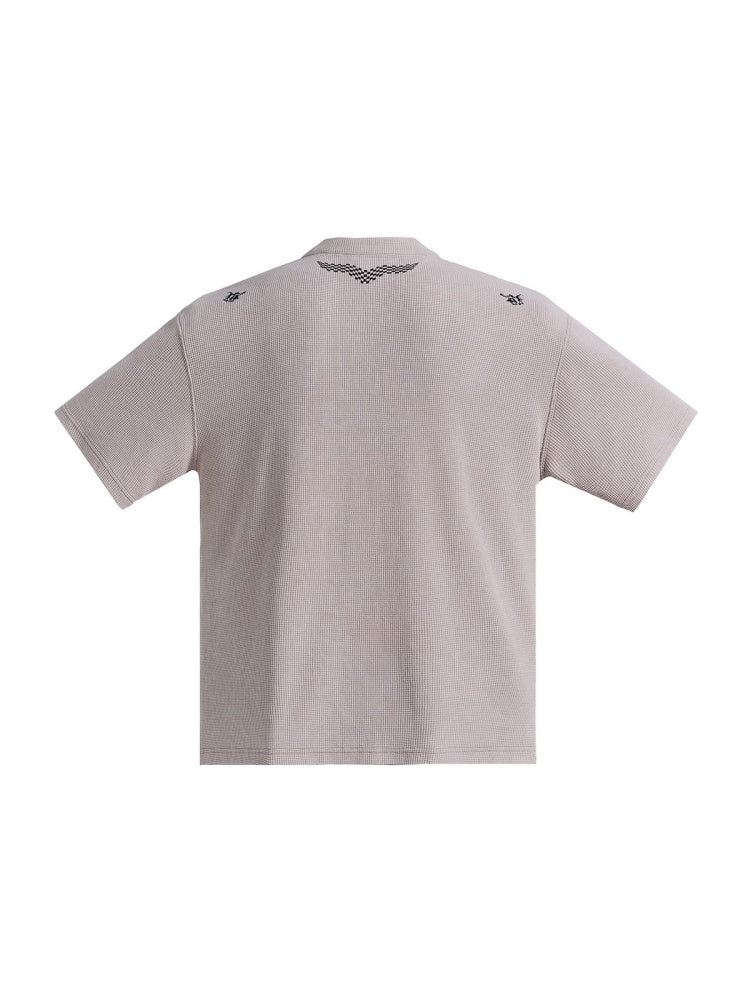 Waffle Henry Collar Badge Distressed Loose Drop Shoulder Short Sleeve Polo Shirt【s0000016474】