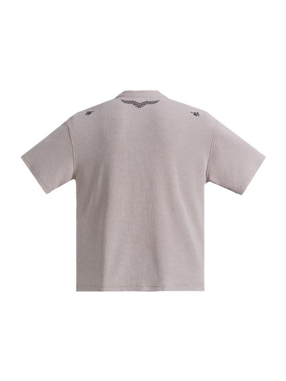 Waffle Henry Collar Badge Distressed Loose Drop Shoulder Short Sleeve Polo Shirt【s0000016474】