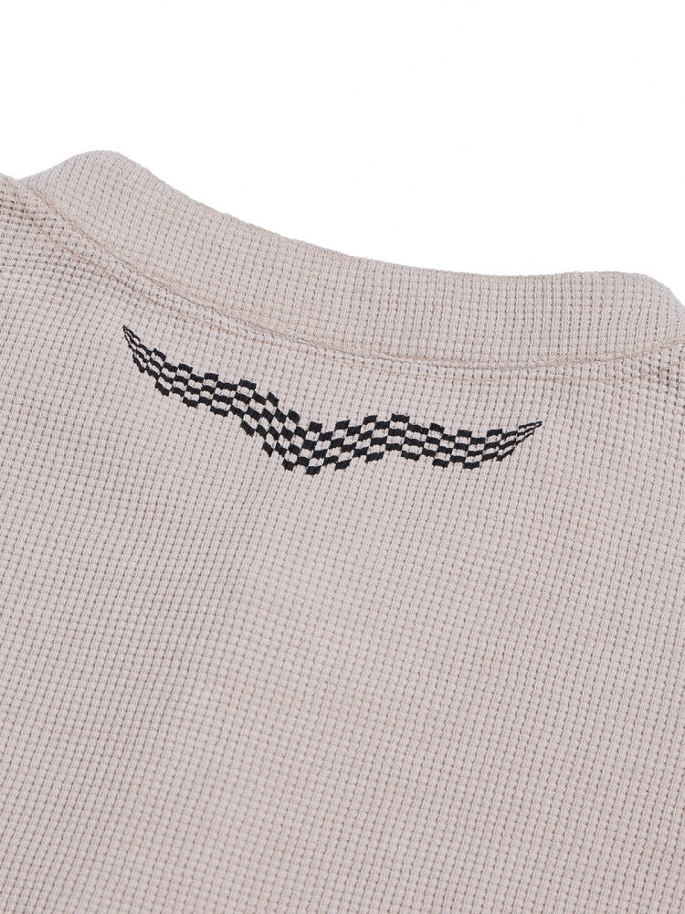 Waffle Henry Collar Badge Distressed Loose Drop Shoulder Short Sleeve Polo Shirt【s0000016474】
