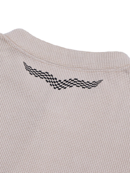 Waffle Henry Collar Badge Distressed Loose Drop Shoulder Short Sleeve Polo Shirt【s0000016474】
