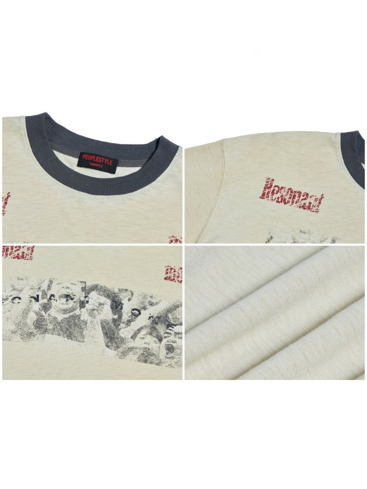 Vintage Distressed Spray Color Print Loose Dropped Shoulder Short Sleeves T-Shirt【s0000016476】